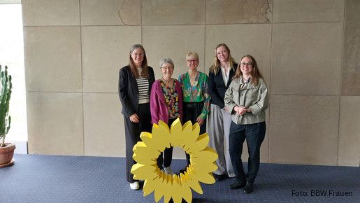 Fünf Frauen stehen hinter einem gelben Aufsteller im Design einer großen gelben Blüte