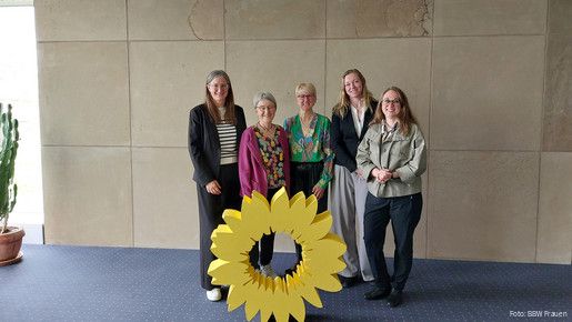 Gespräch der BBW Frauen mit MdL Stefanie Seemann Fünf Frauen stehen hinter einem gelben Aufsteller im Design einer großen gelben Blüte