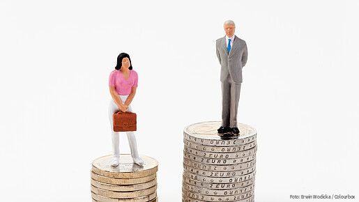 Das Foto zeigt eine männliche und eine weibliche Figur, die auf Münzstapeln stehen. Der Stapel der männlichen Figur ist deutlich höher.