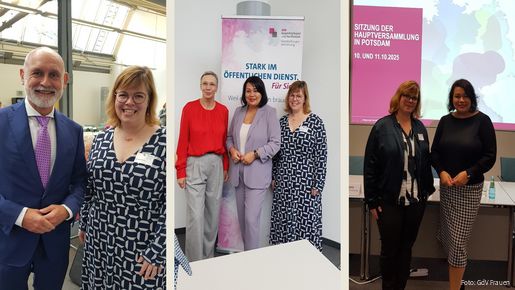 Collage aus mehreren Fotos von einer Konferenz auf denen Frauen und Männer lächelnd in die Kamera blicken