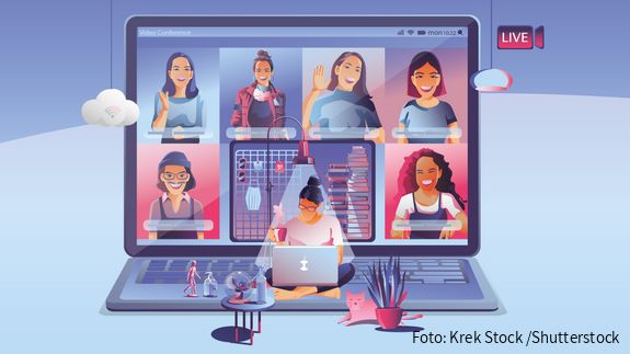 Eine Illustration zeigt eine Videochatoberfläche mit mehreren Teilnehmerinnen in einem Laptop als Symbol für New Work.